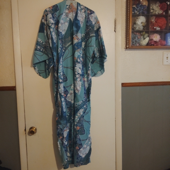 Vtg Japanese Floral Kimono Robe in Blue and Green Size OS - Picture 10 of 10
